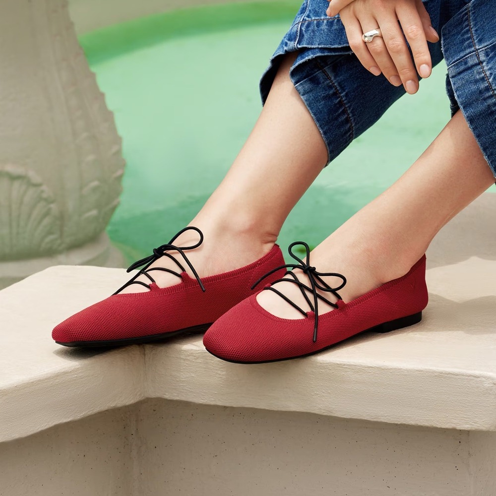 NEW Vivaia Ruby Red Square-Toe Lace Up Mary Janes Miley Flats Knit Size 39
